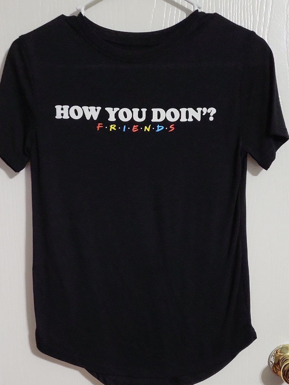 Shirt-Friends Black Tee with 'HOW YOU DOIN'?' White and Multicolor Graphic #3217